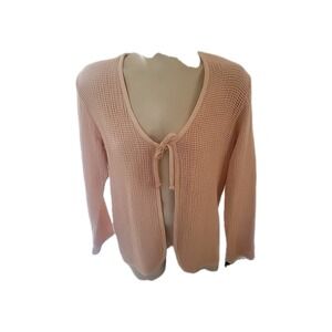 AVALOO Crochet Tie Front Cardigan Top Womens Long Sleeve Pink Open Knit Blouse S